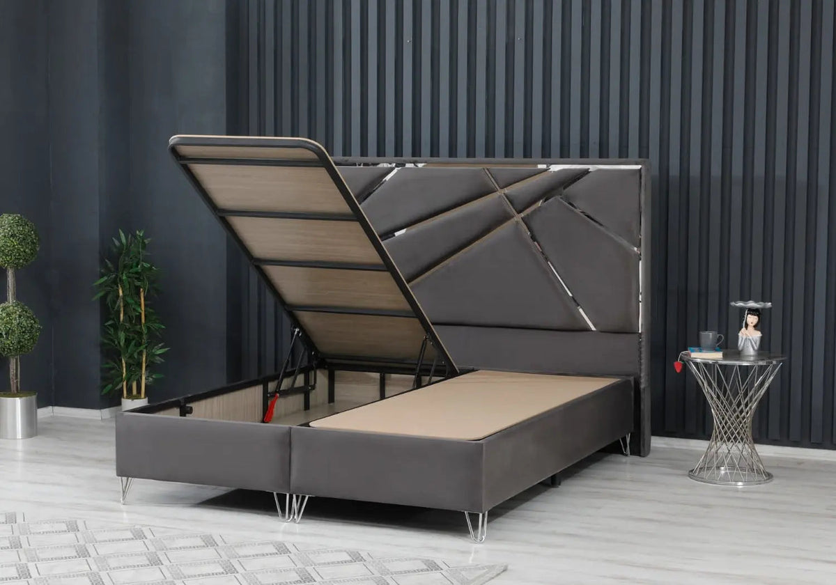 Lit coffre 160x200 avec tête de lit gris argent | Vexis