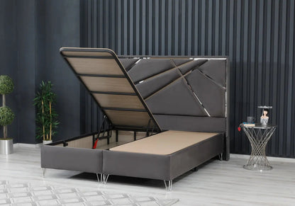 Lit coffre 160x200 avec tête de lit gris argent | Vexis