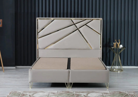 Lit coffre 160x200 avec tête de lit taupe dorée | Vexis