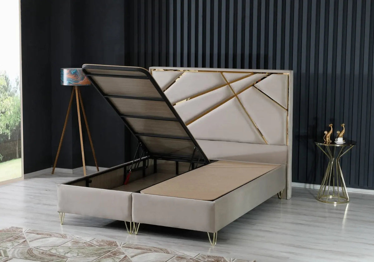 Lit coffre 160x200 avec tête de lit taupe dorée | Vexis