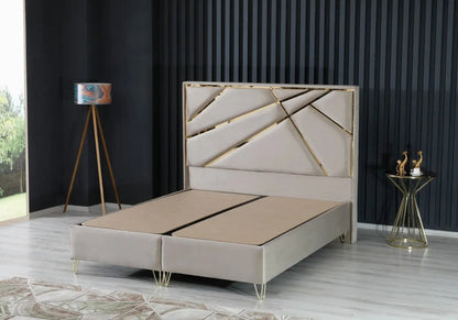 Lit coffre 160x200 avec tête de lit taupe dorée | Vexis