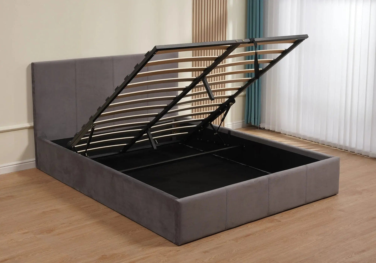 Lit coffre 140 cm gris avec tête de lit | Vexta