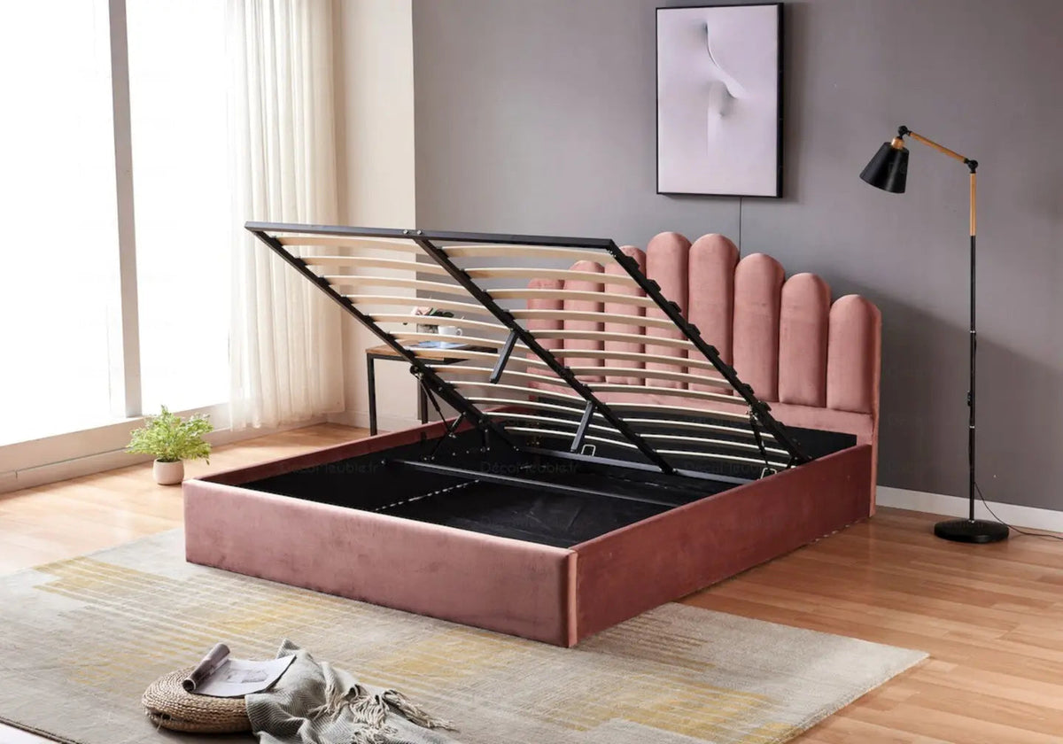 Lit coffre 2 places en rose capitonné | Vexo