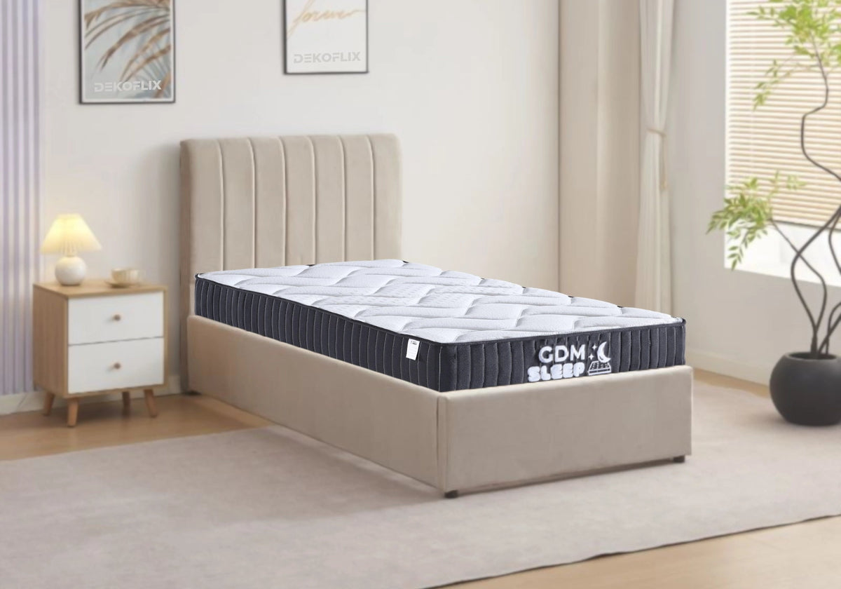 Ensemble lit coffre 90x190 taupe et matelas | Kaelis