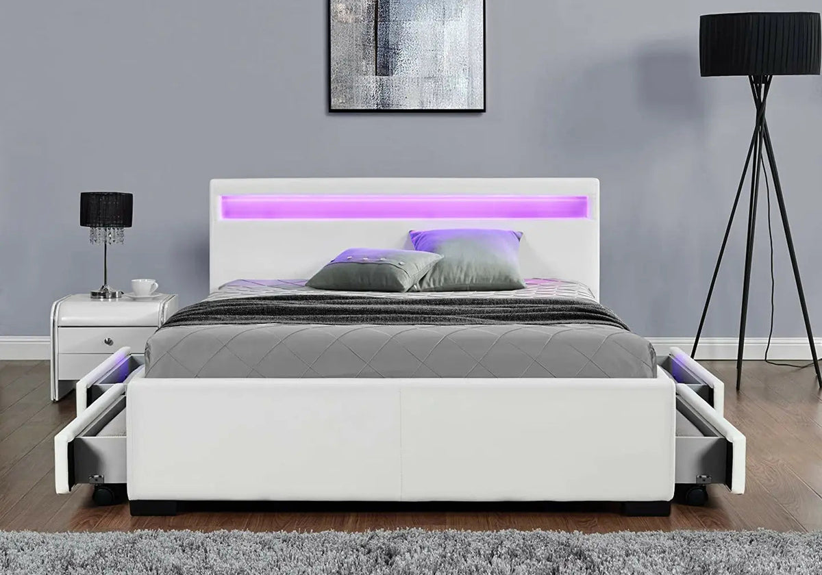 Lit double design blanc avec led et rangements | Solen