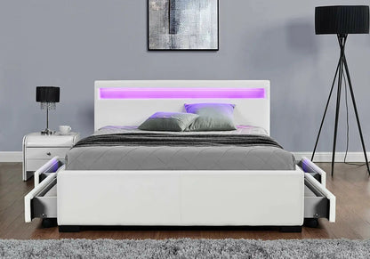 Lit double design blanc avec led et rangements | Solen