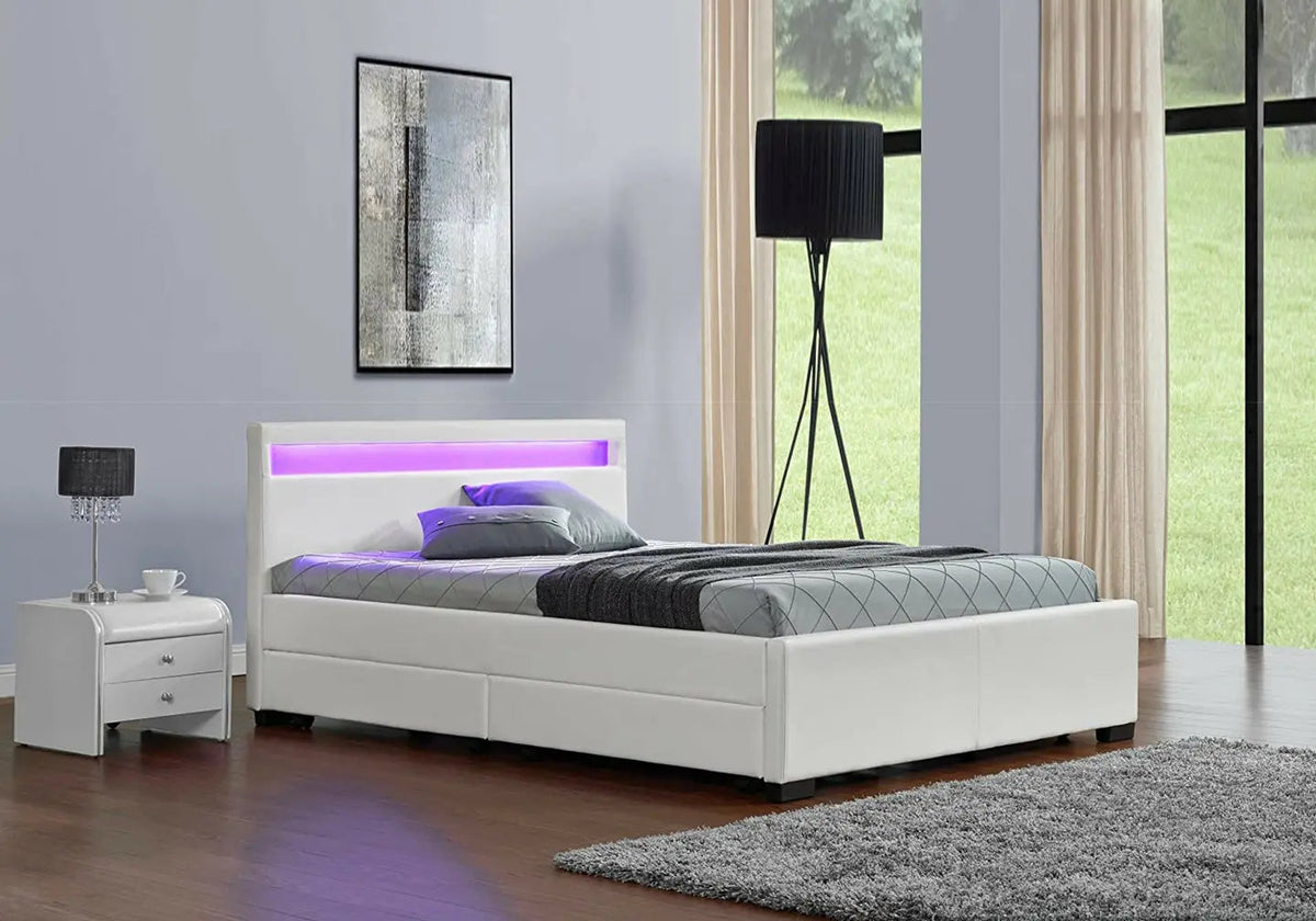 Lit double design blanc avec led et rangements | Solen