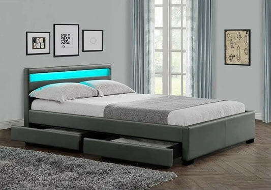 Lit double design gris avec led et rangements | Solen