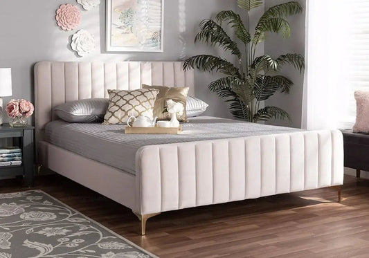Lit double en beige avec tête de lit moderne | Nexa
