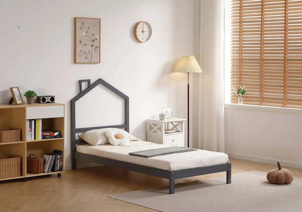 Lit enfant bois gris avec tête de lit maison | Kryx