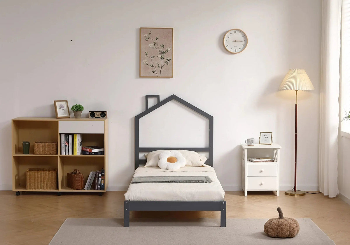 Lit enfant bois gris avec tête de lit maison | Kryx