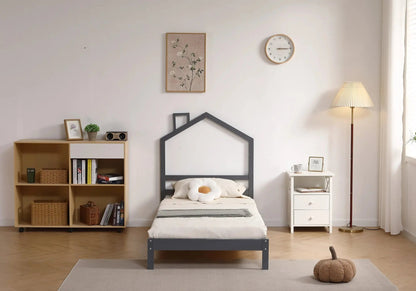 Lit enfant bois gris avec tête de lit maison | Kryx