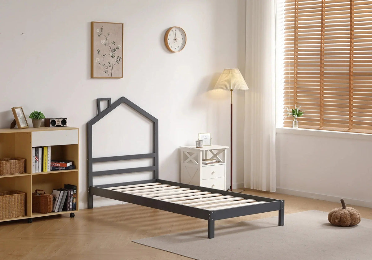 Lit enfant bois gris avec tête de lit maison | Kryx