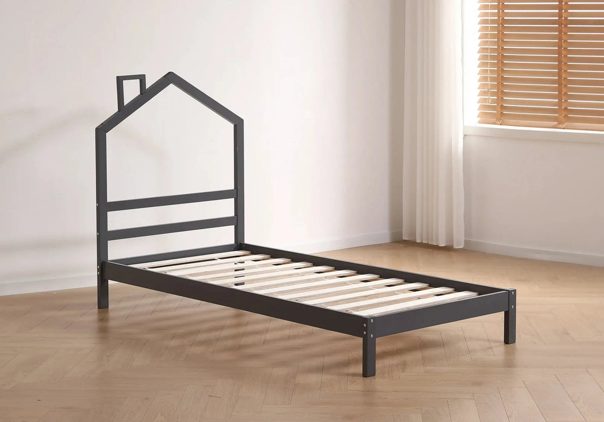 Lit enfant bois gris avec tête de lit maison | Kryx