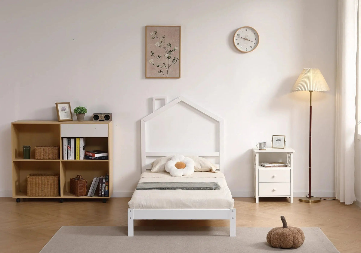 Lit enfant bois gris avec tête de lit maison | Kryx