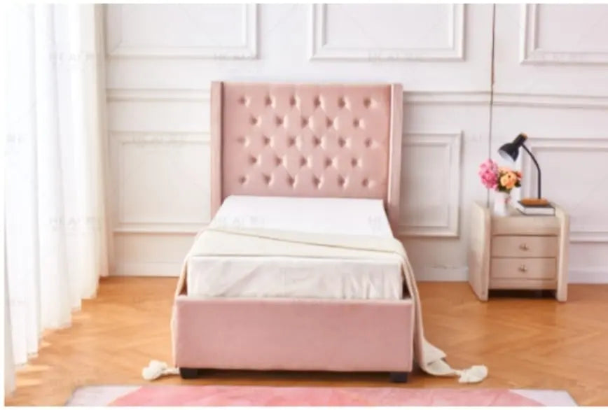 Lit enfant 1 place en rose capitonné | Nuvio