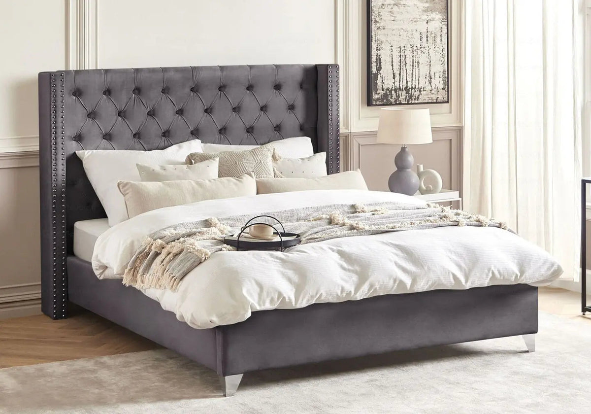 Lit king size 2 personnes gris capitonné | Velar