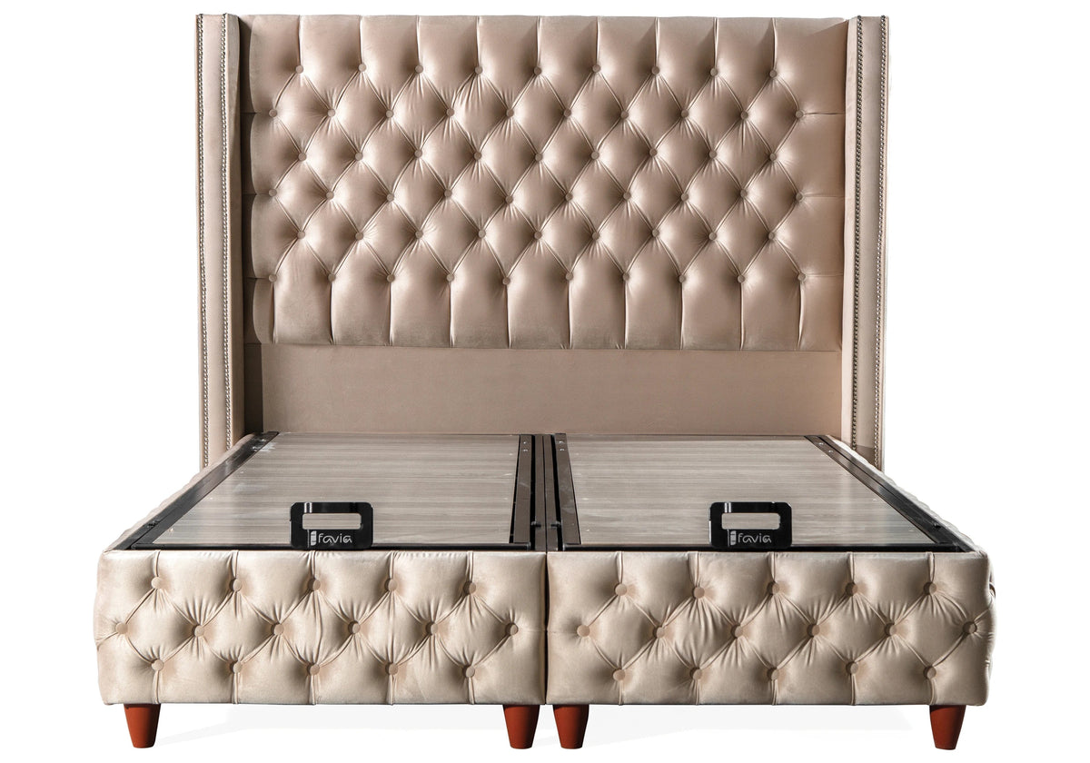 lit coffre relevable velours beige capitonne star - Vue 4 - KOORIS