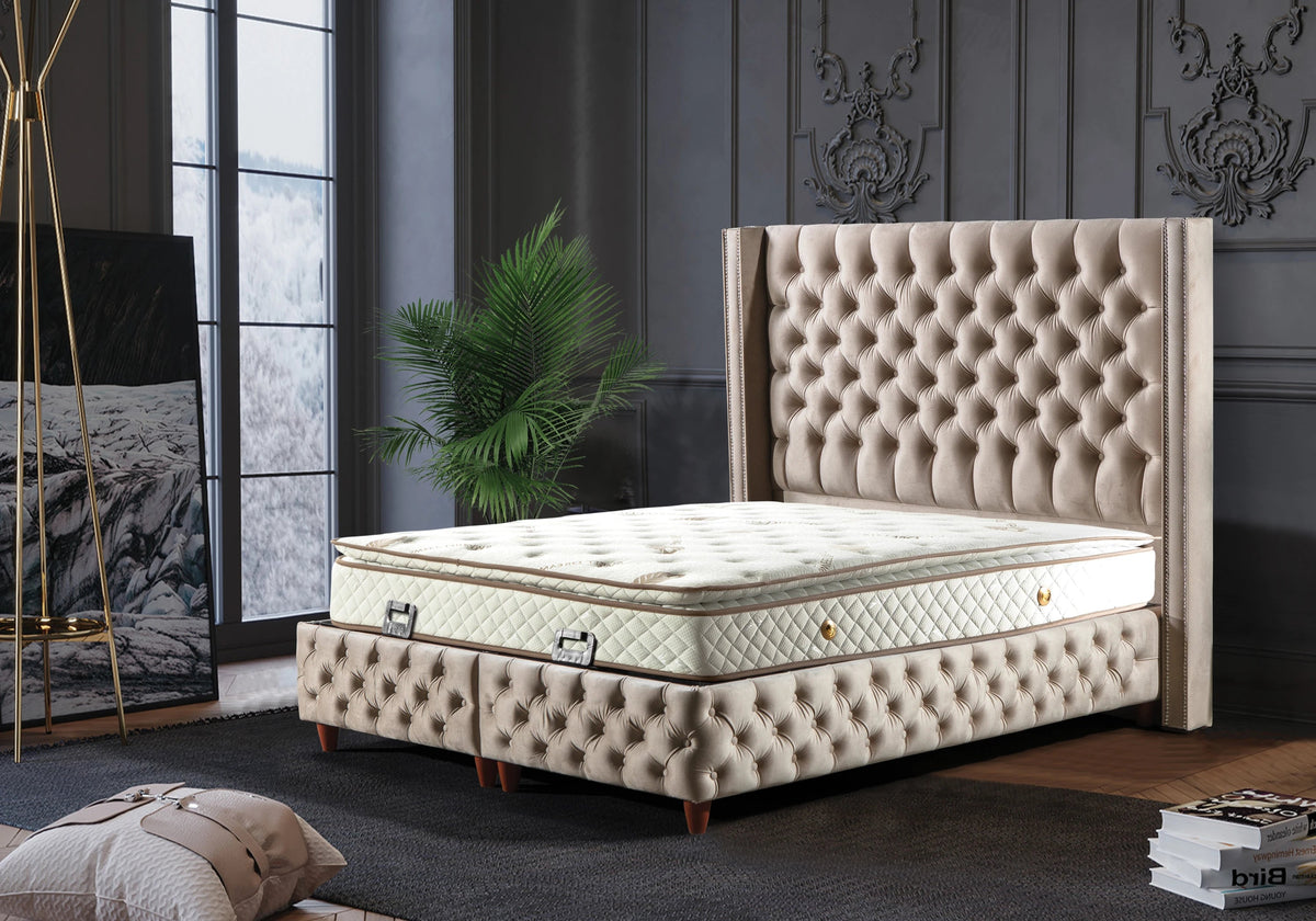 lit coffre relevable velours beige capitonne star - Vue 5 - KOORIS