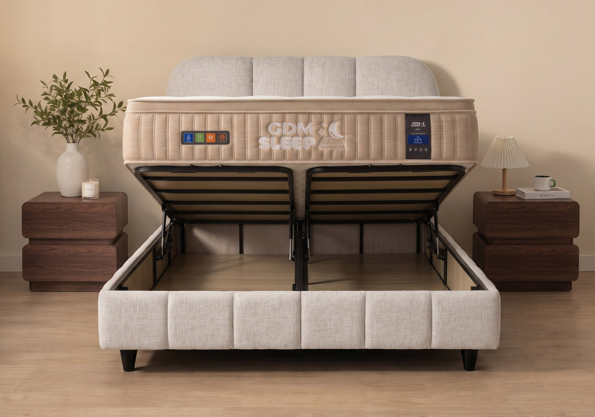 Lit Coffre 90x190 Velours Beige Rangement – Baza