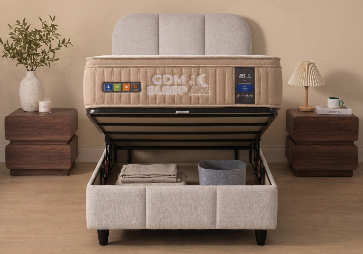 Lit Coffre 90x190 Velours Beige Rangement – Baza