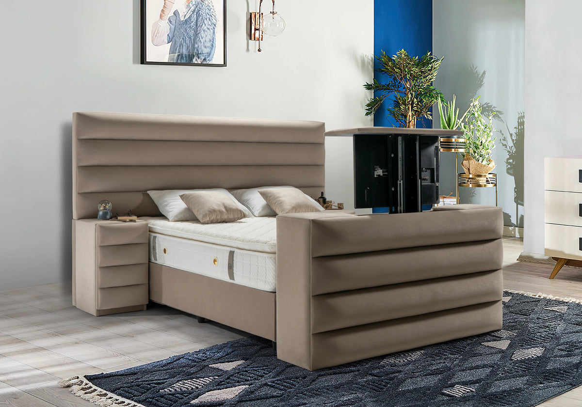 lit coffre capitonne taupe systeme tv wave - Vue 1 - KOORIS