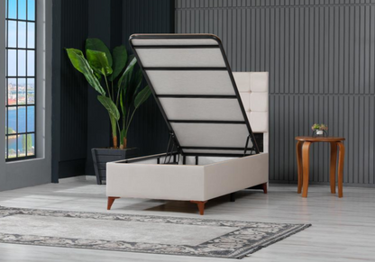 Lit coffre 1 place en beige capitonné | Kova