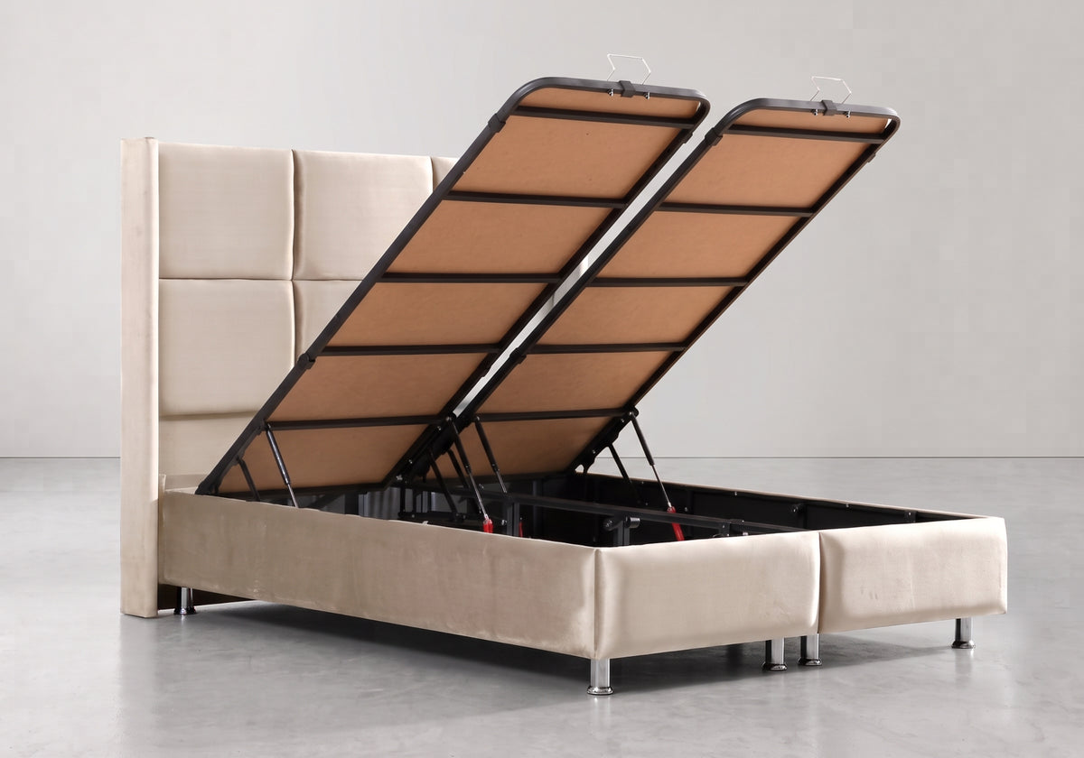 Lit coffre en velours beige capitonné | Opium