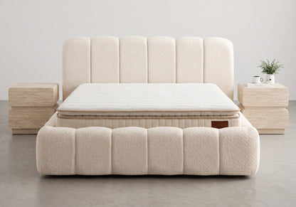 Lit coffre relevable en bouclette beige | Puffy