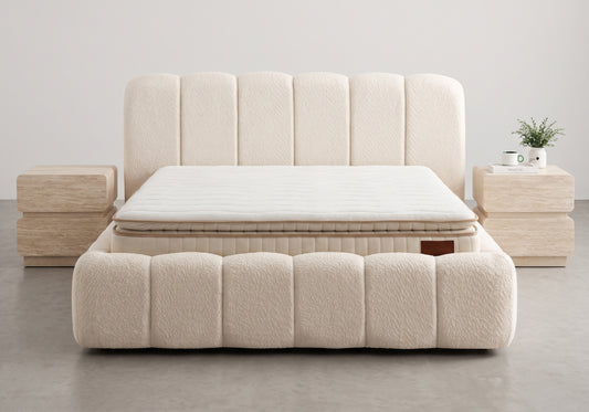 Lit coffre relevable en bouclette beige | Puffy
