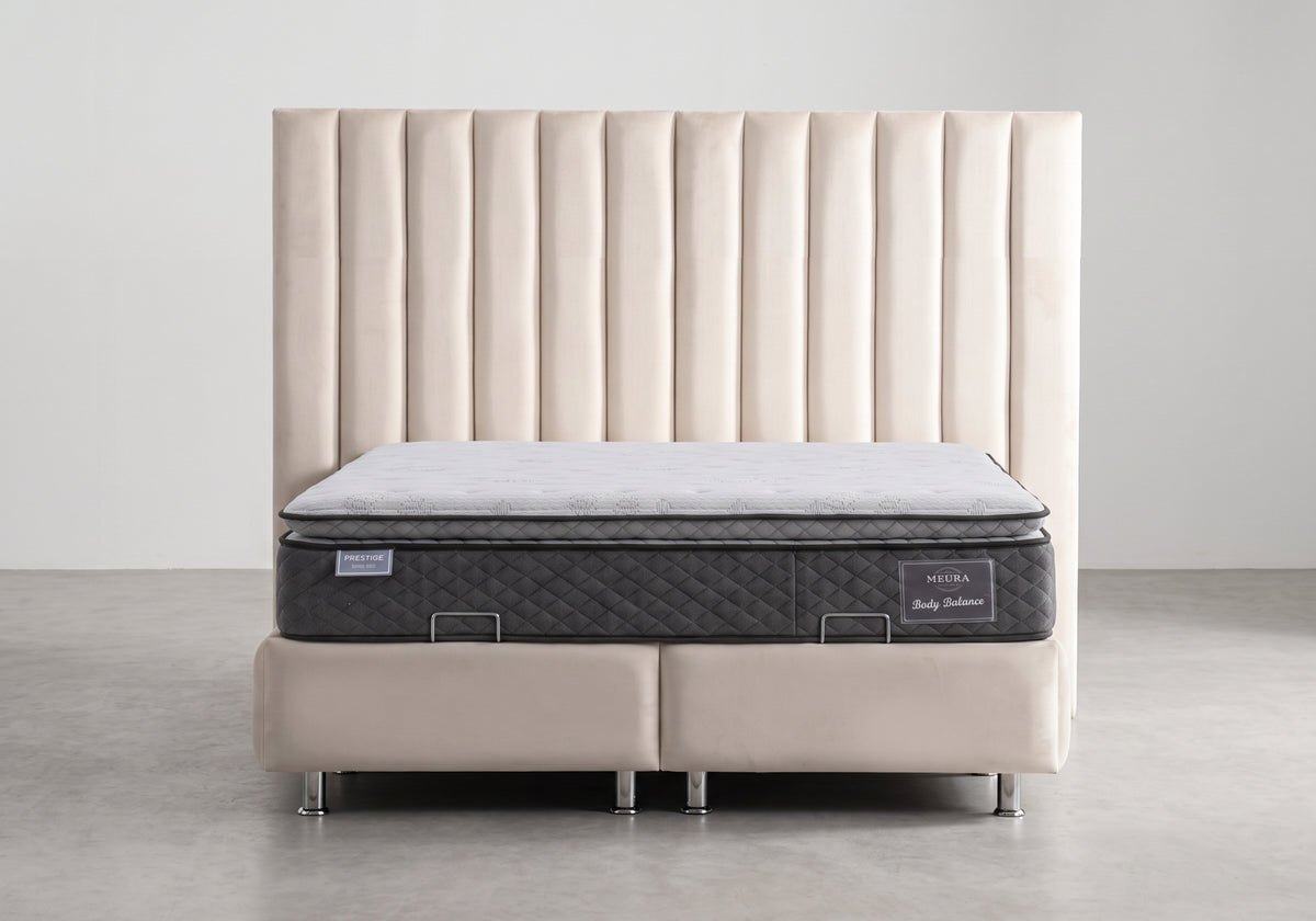 Lit coffre relevable velours beige cannelé | Stria