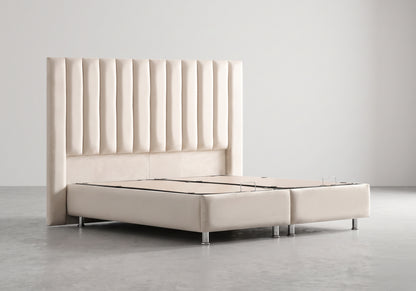 Lit coffre relevable velours beige cannelé | Stria