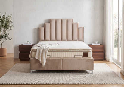 lit coffre relevable velours taupe cannele polo - Vue 1 - KOORIS