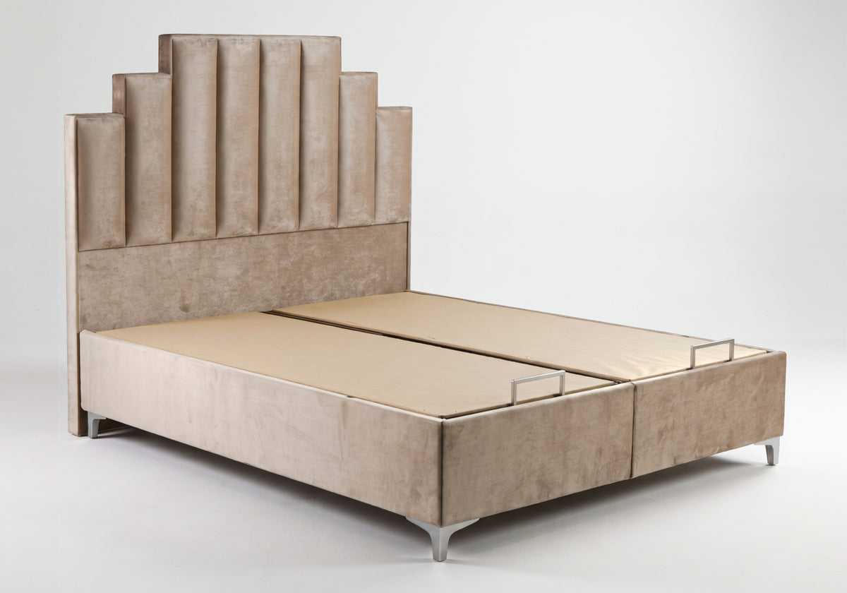 lit coffre relevable velours taupe cannele polo - Vue 3 - KOORIS