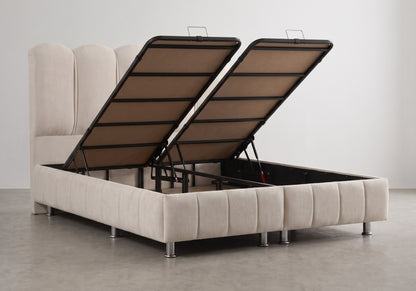 Lit coffre velours beige cannelé arrondi | Cozy