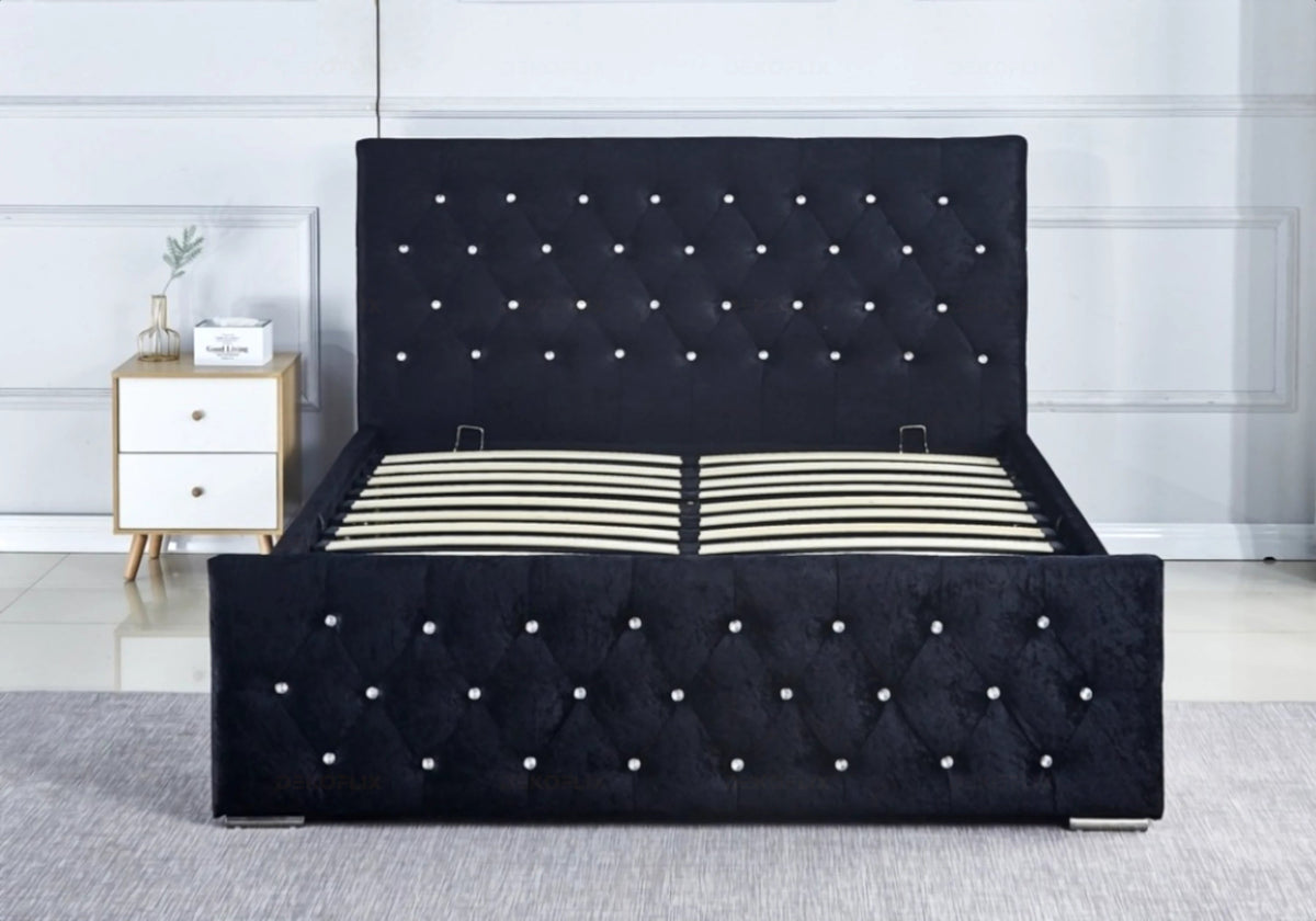 Lit capitonné noir à strass et matelas ressorts | Cora