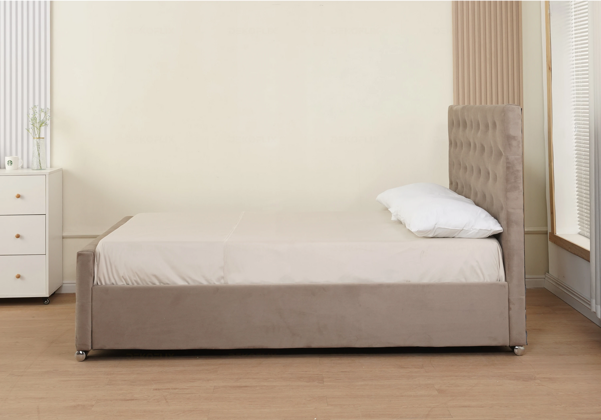 Ensemble lit capitonné taupe et matelas ressorts | Cora