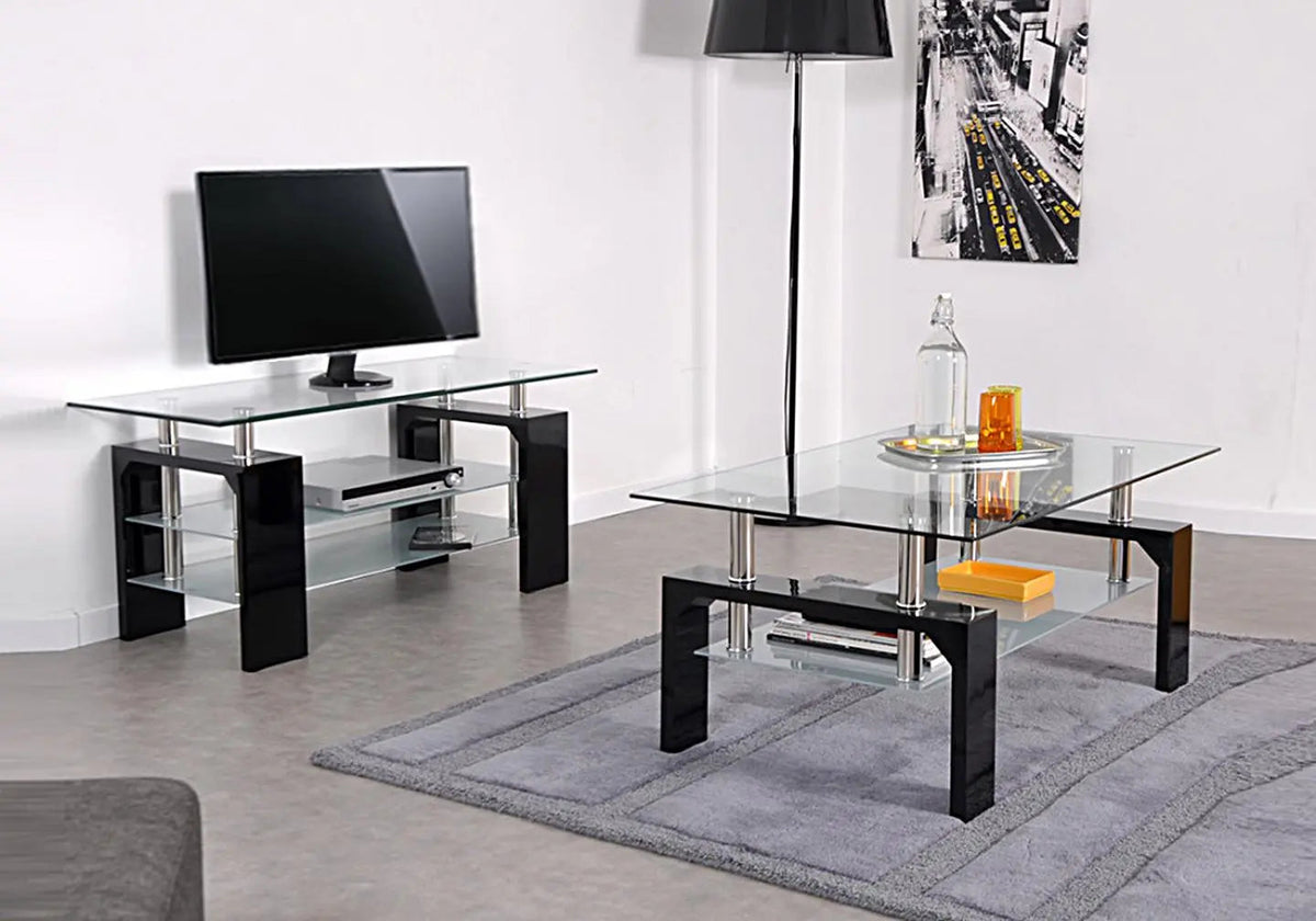 Meuble tv design verre trempé laqué noir | Elora