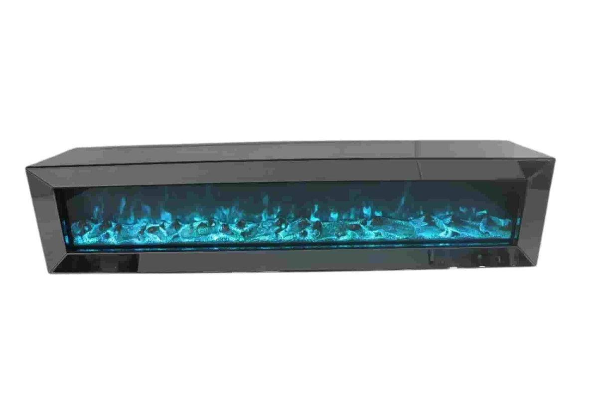 Meuble banc tv cheminée miroir gris pour salon | Solen
