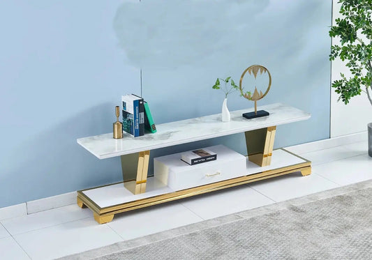 Meuble banc tv doré et marbre blanc 150 et 180 cm | Zelva