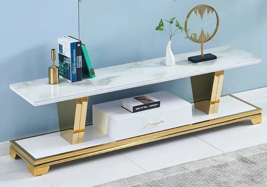 Meuble banc tv doré et marbre blanc 150 et 180 cm | Zelva
