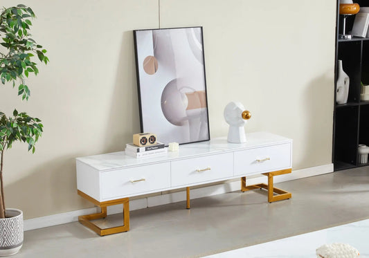 Meuble tv moderne marbre blanc et pieds dorés | Veyra