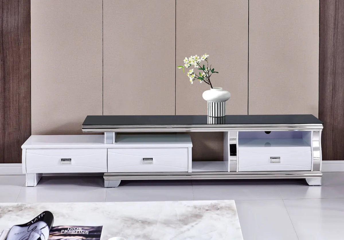 Meuble banc tv verre noir avec tiroirs blancs | Korva