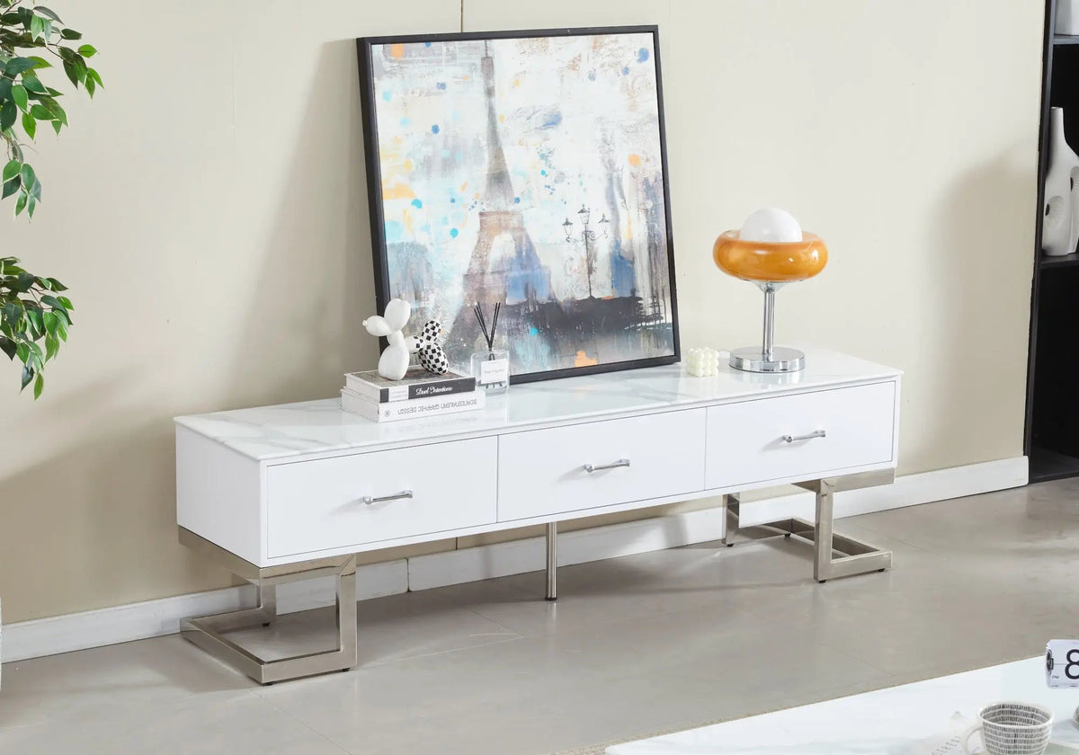 Meuble banc tv finition marbre blanc moderne | Veyra