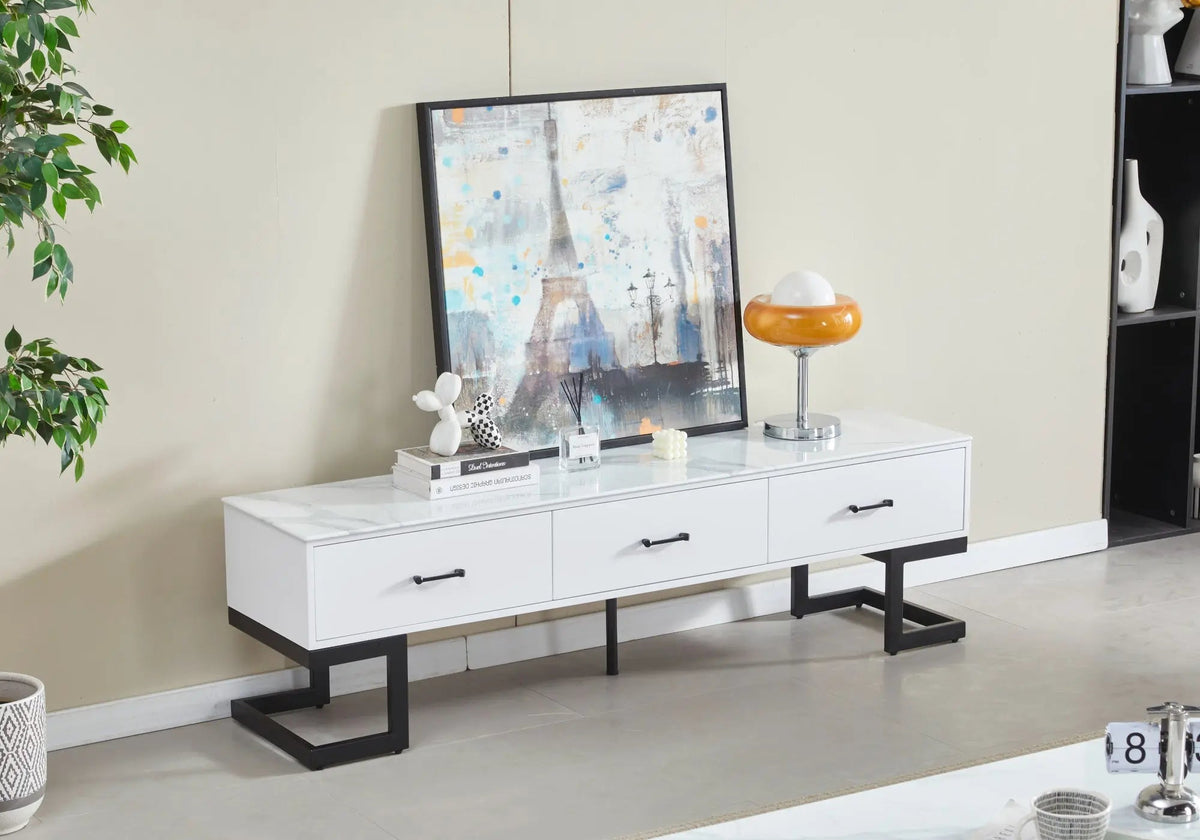 Meuble tv noir et marbre blanc pour salon moderne | Veyra