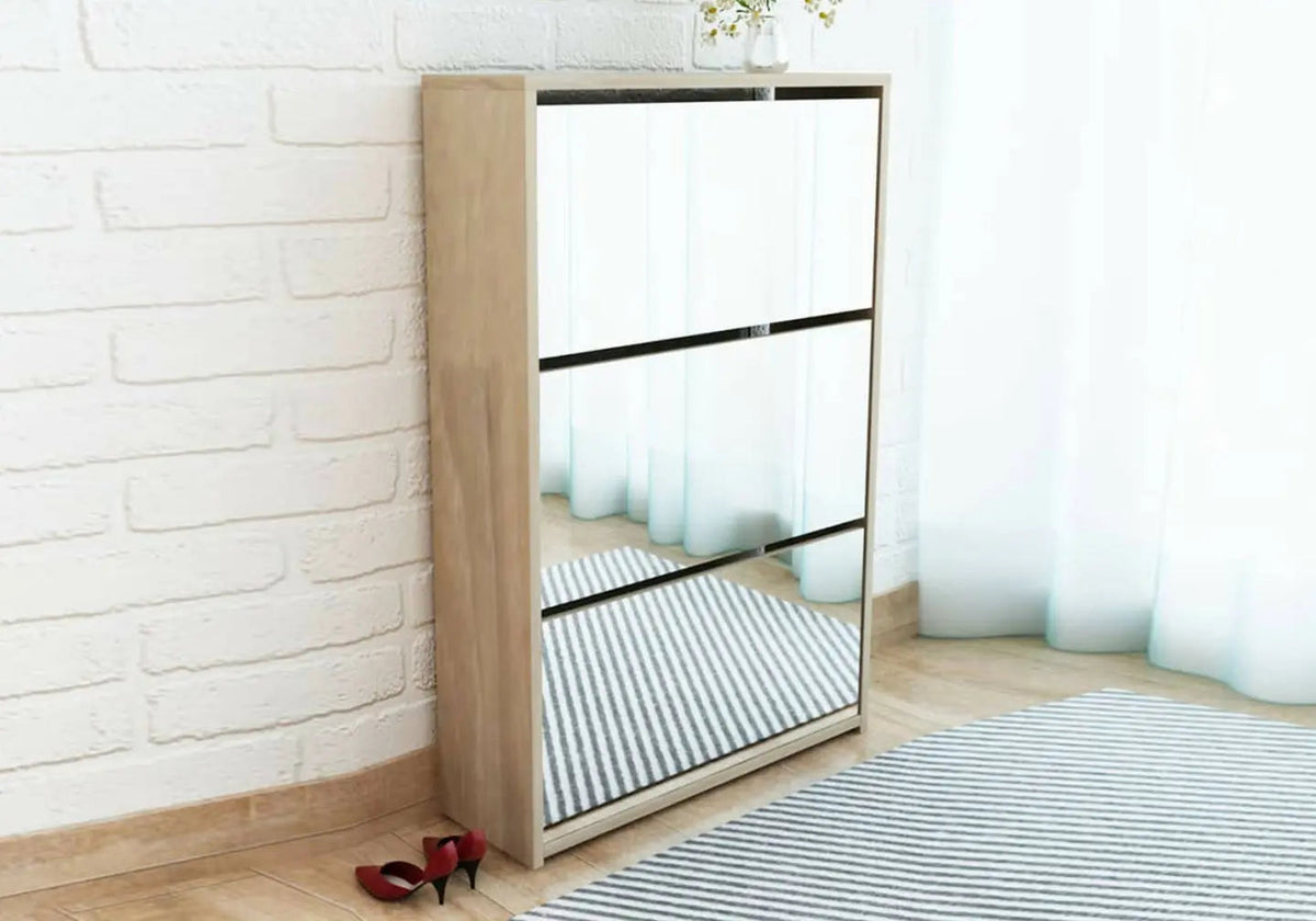 Meuble à chaussures d'entrée en chêne et miroir | Zura