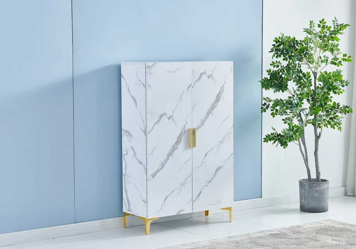 Meuble de rangement marbre blanc poignées dorées | Gala