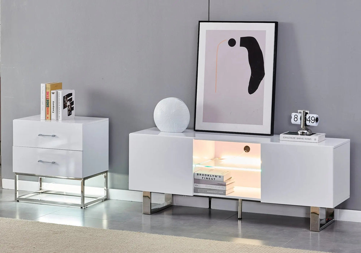 Meuble tv design laqué blanc et argent avec led | Zumi