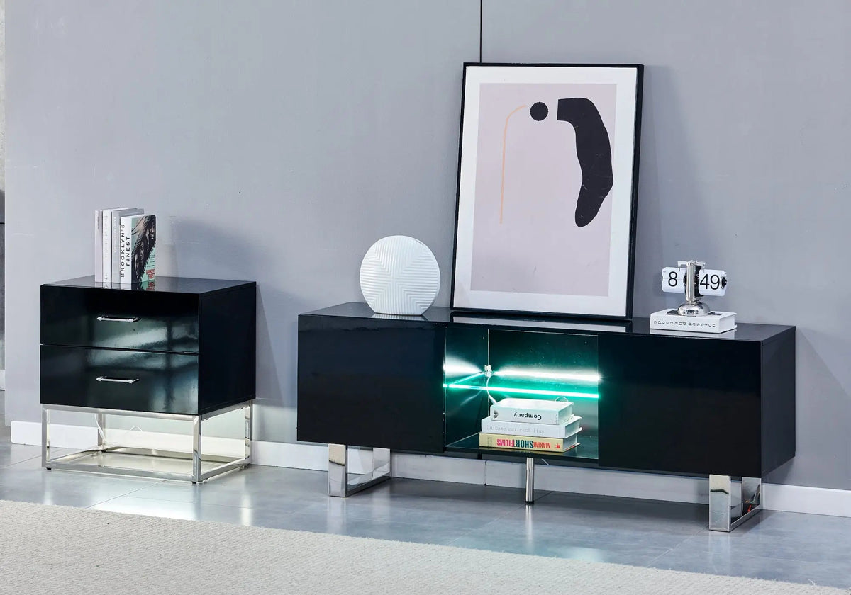 Meuble tv design laqué noir et argent avec led | Zumi