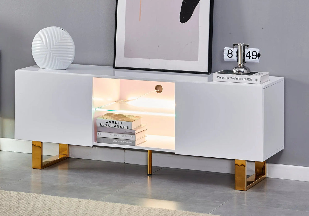 Meuble tv design laqué blanc brillant et doré | Zumi